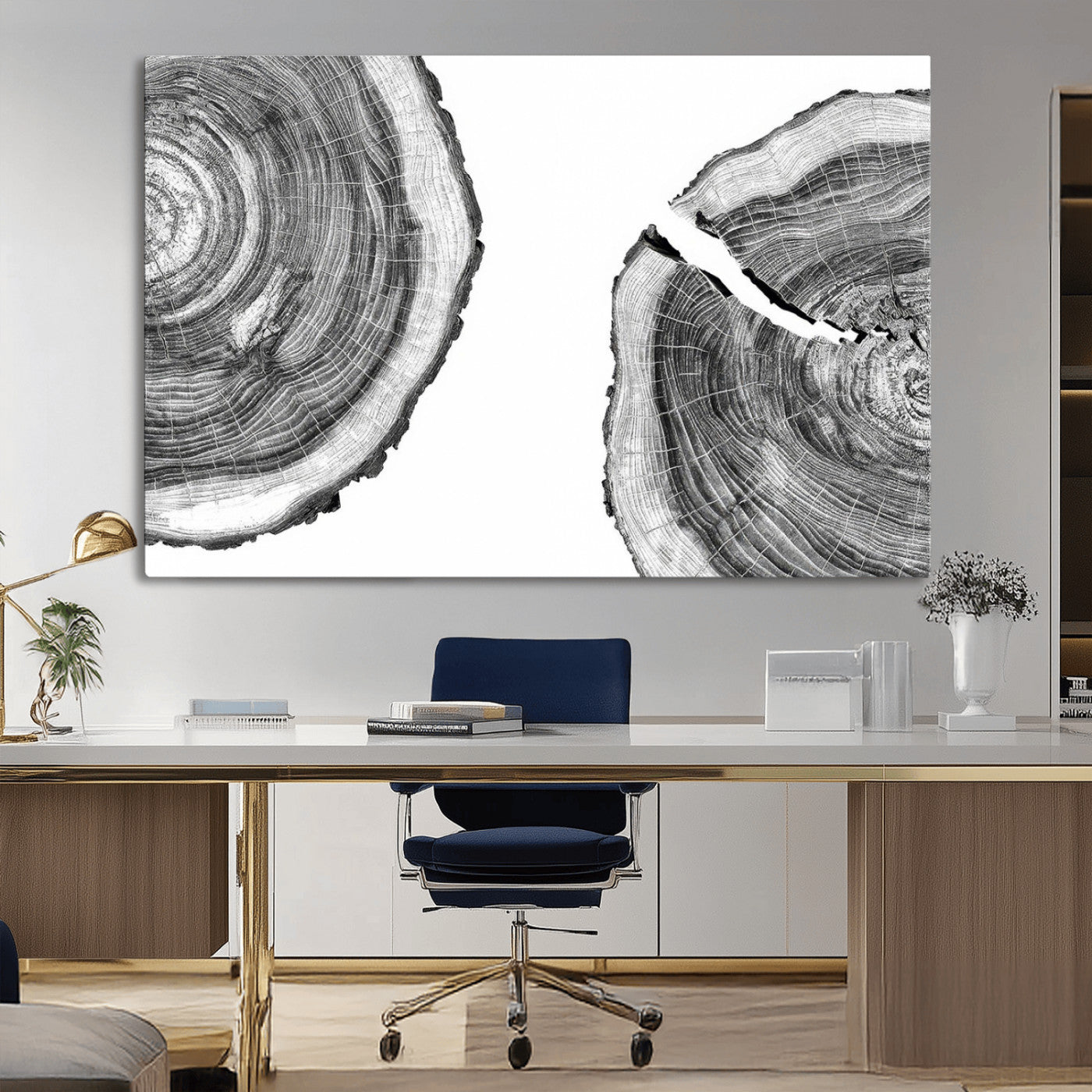 MGV-CV-36X24 - Abstract Large Tree Rings – Minimalist Black and White Wood Art | Triptych Canvas, Modern Wall Decor