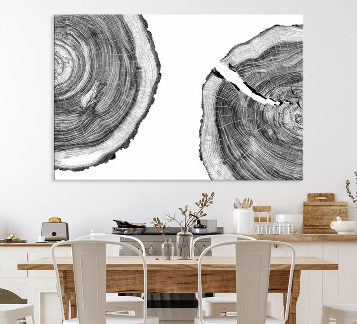 The minimalist art piece Abstract Large Tree Rings on canvas creates a striking focal point.