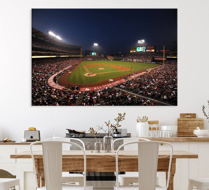 Aerial view of an LA Angels game at night, captured as stunning wall art on premium canvas, handmade in the USA.