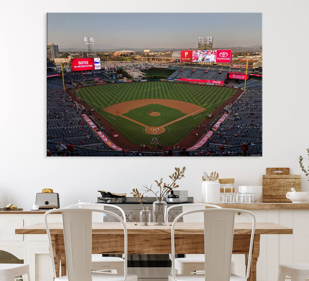 Aerial view of Angel Stadium, perfect as gallery-quality wall art - Los Angeles Angels Canvas Print.