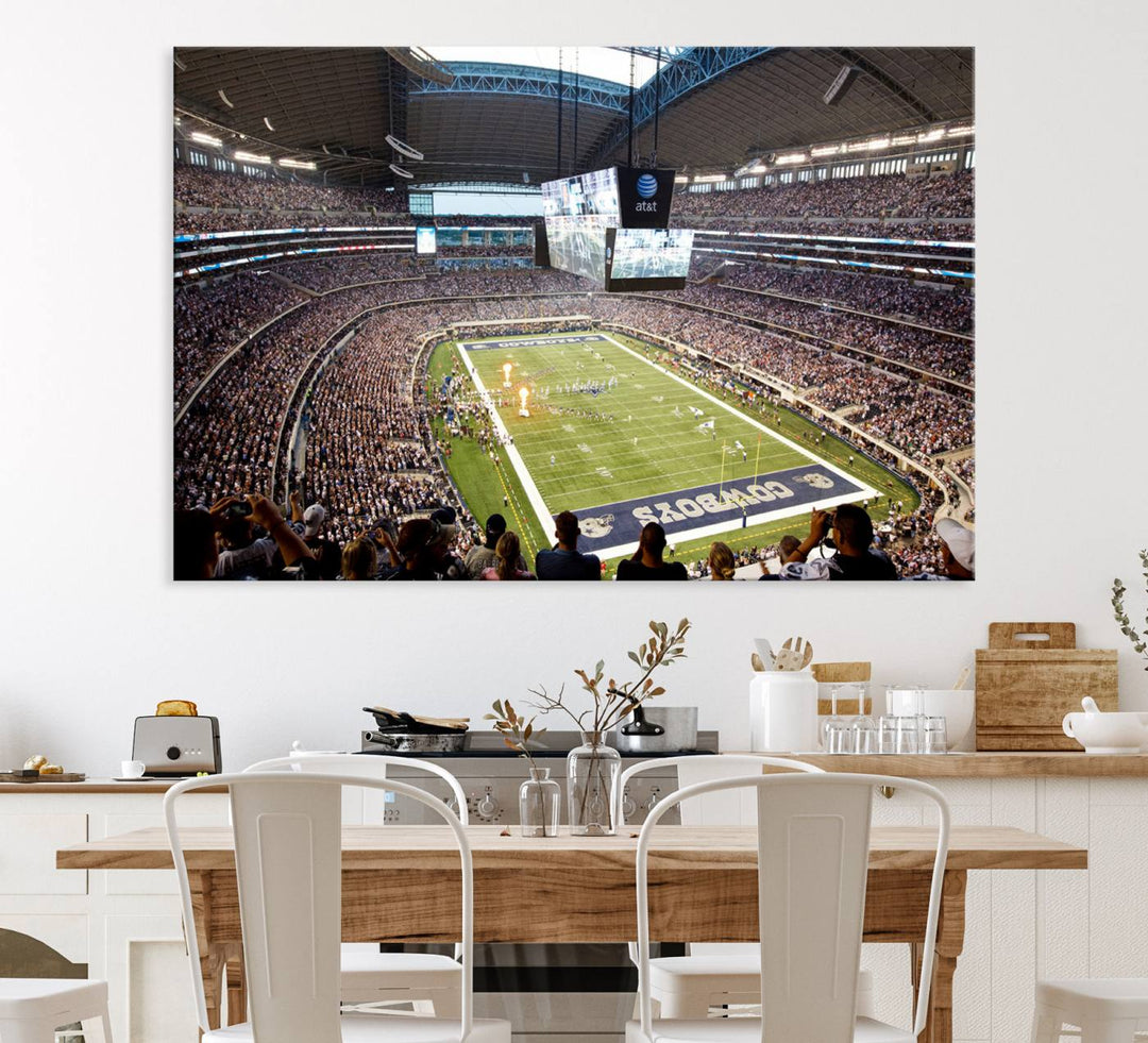 The wall art is a Dallas Cowboys AT&T Stadium Canvas Print, showcasing the iconic logo.