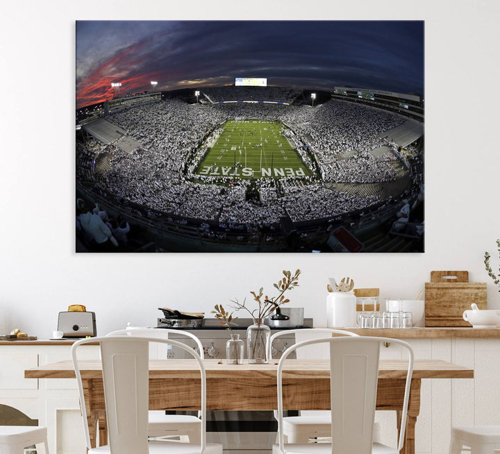 Canvas art capturing the packed Beaver Stadium at dusk, with Penn State emblazoned on the field and a sea of white-clad fans—true perfection.