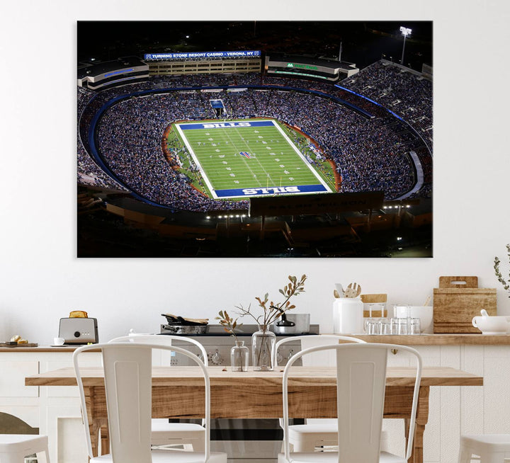 Aerial view of football stadium at night, featuring Buffalo Bills Highmark Stadium Wall Art.