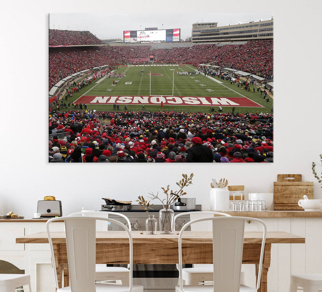 The wall art depicts WISCONSIN in red and white, similar to Wisconsin Badgers Football Canvas Art.