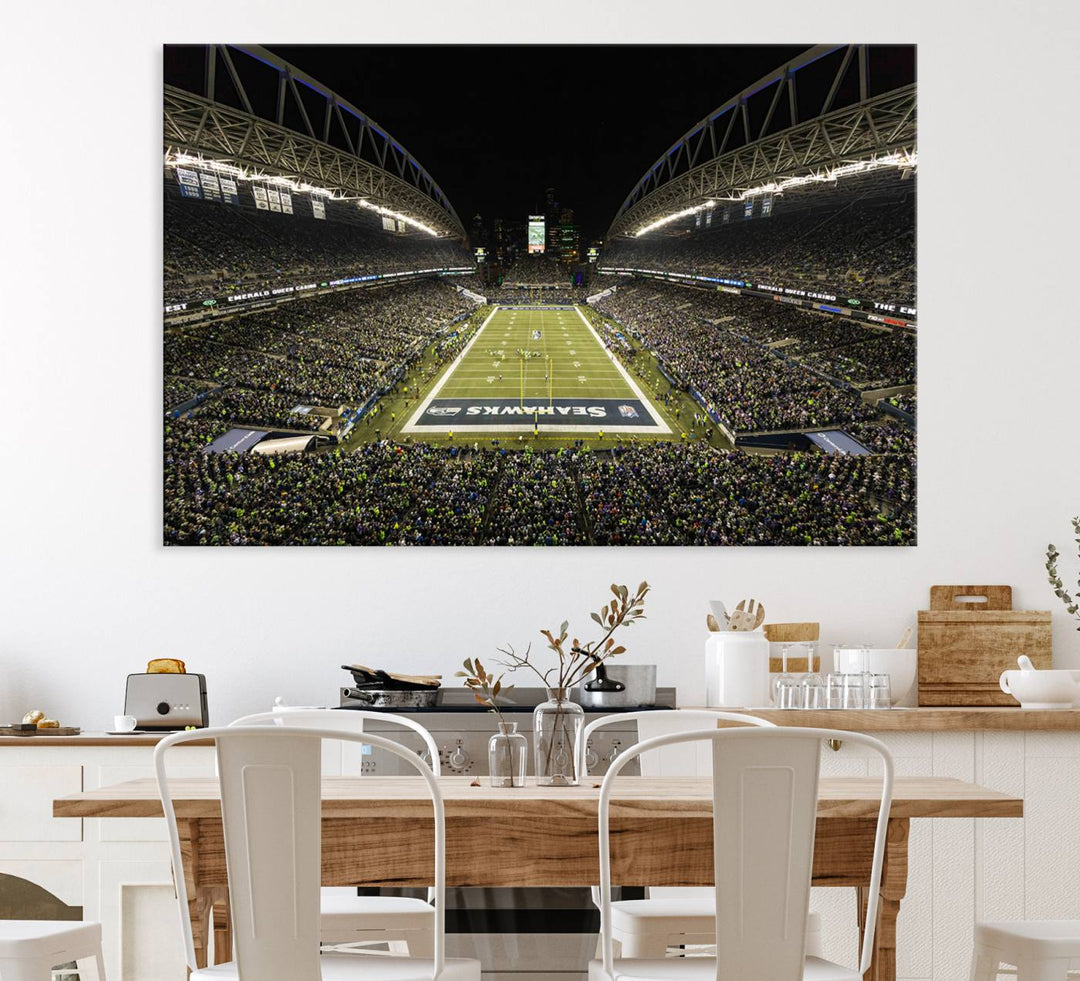 Handmade Seattle Seahawks Stadium Canvas Wall Art Print featuring an aerial view of Night football at CenturyLink Field marked Seahawks.