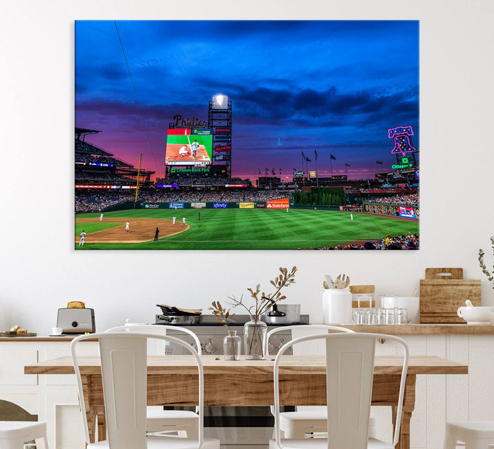 The Phillies canvas print captures a stunning sunset, vibrant signage, and players on the field.