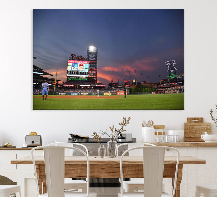 Philadelphia Phillies at sunset: Citizens Bank Park captured in a charming canvas wall art print.