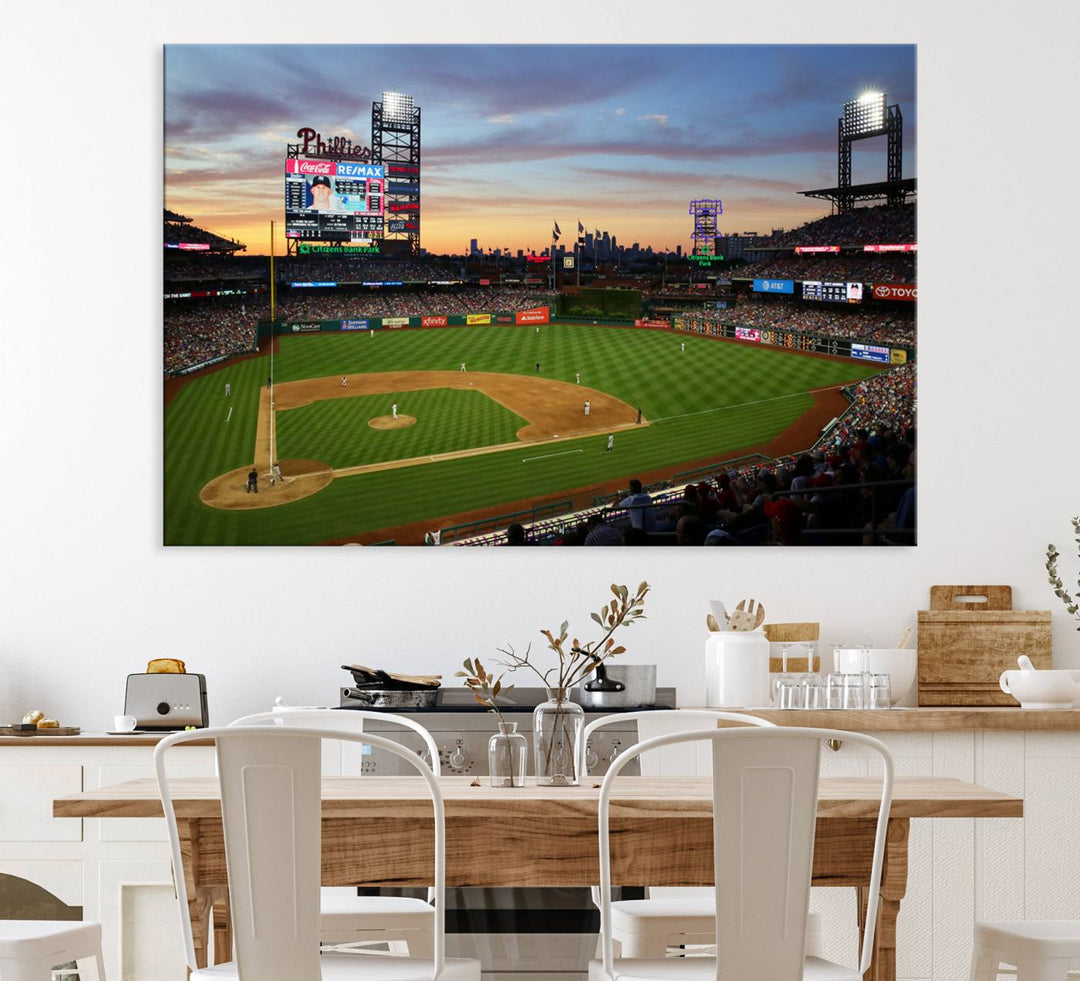 A sunset game at Citizens Bank Park depicted on a 3-panel Phillies canvas.