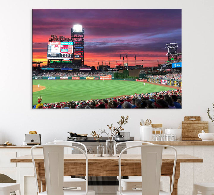 The Philadelphia Phillies canvas print showcases Citizens Bank Park at sunset with a crowd and scoreboard.