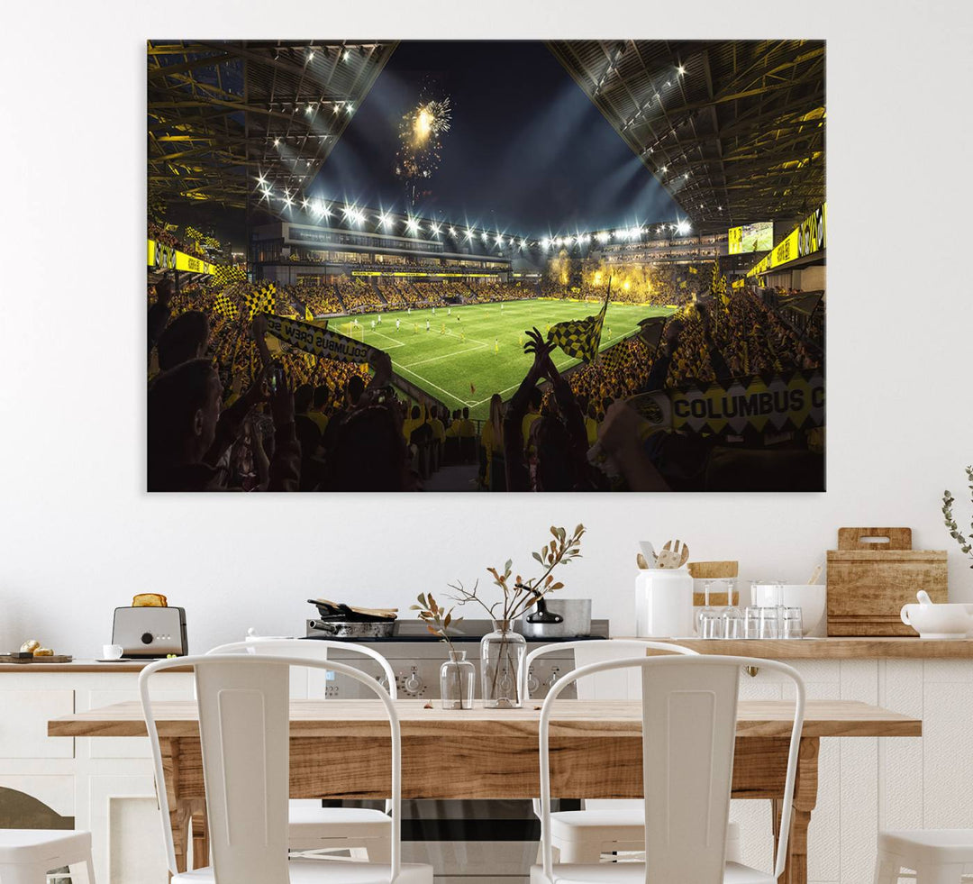 The wall art canvas print captures a packed soccer stadium scene with fans and fireworks.