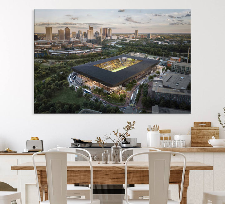 The Columbus Crew Soccer Stadium canvas art adds a vibrant touch to the room.