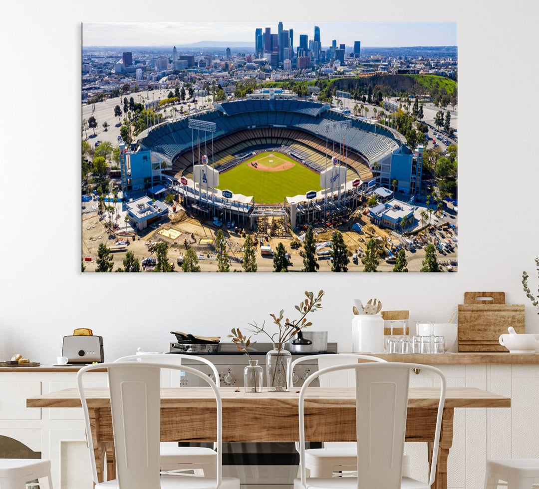 Aerial view of Dodger Stadium city skyline on a premium Los Angeles Dodgers MLB canvas print.