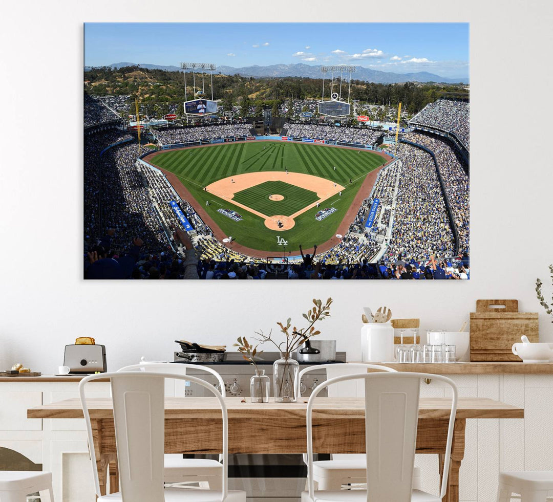 Aerial view of Dodger Stadium captured in gallery-quality on a Dodgers wall art canvas.