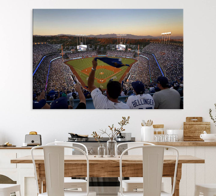 A triple canvas wall art captures the scene at Dodger Stadium, with fans cheering as the sun sets and a flag waving on the field.