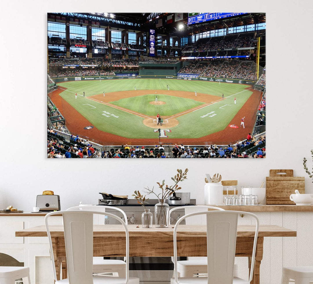 Admire the Texas Rangers Wall Art showcasing Globe Life Fields covered stadium and its lively crowd.