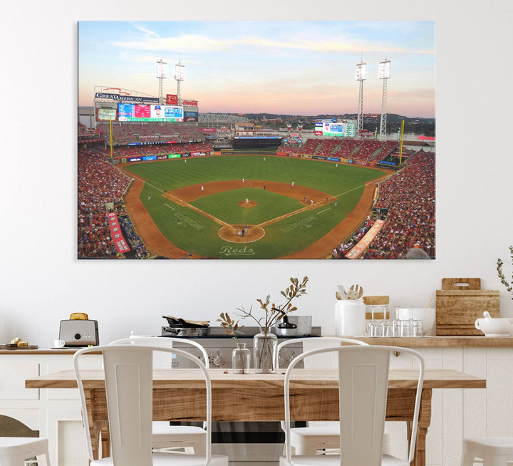 Cincinnati Reds game at sunset: Stadium wall art canvas.