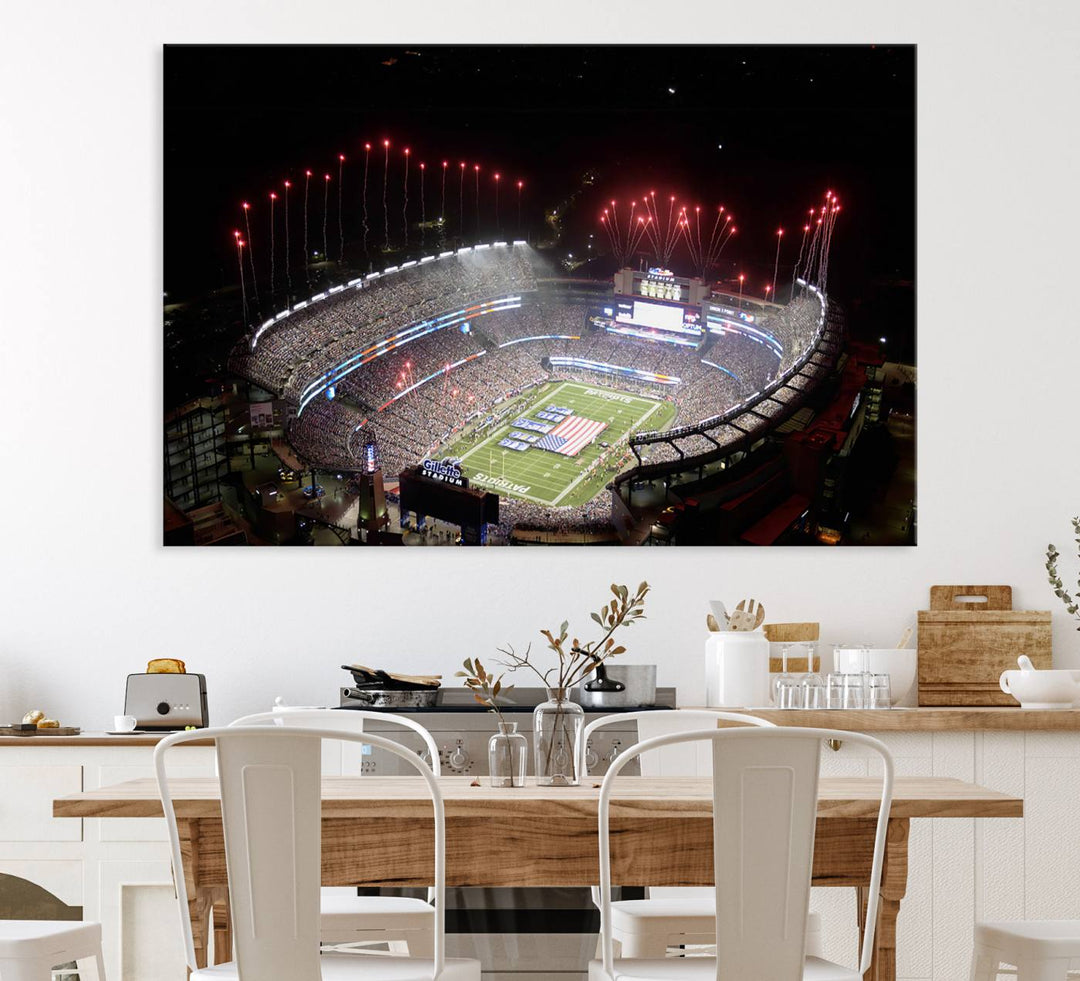 Aerial view of Gillette Stadium with fireworks and flag—ideal for a New England Patriots canvas print.