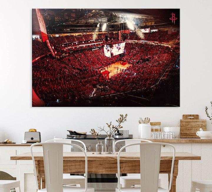 A crowded basketball arena with red lighting hosts a Houston Rockets game.