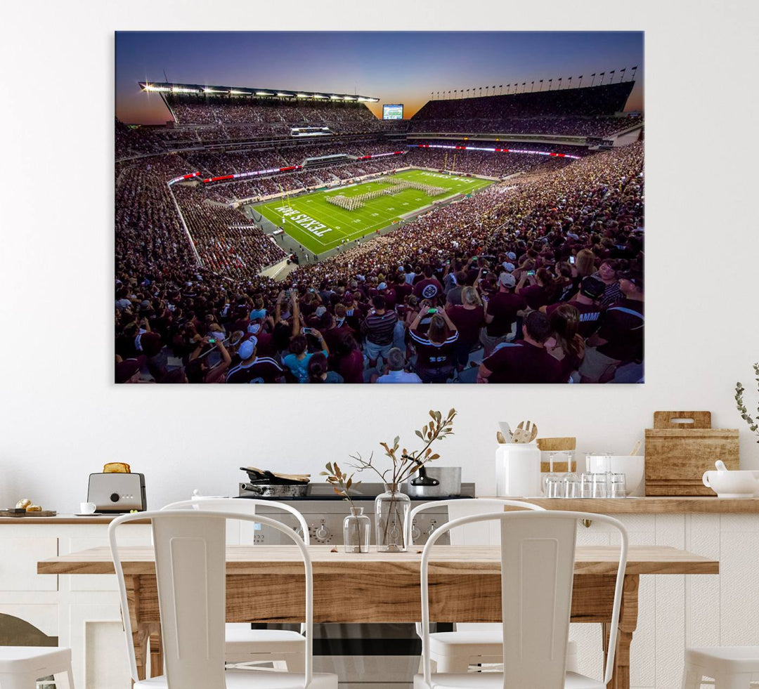 A vibrant canvas print of Texas A&M Aggies at College Stations Kyle Field Stadium captures the energy of fans cheering as the band marches at sunset.