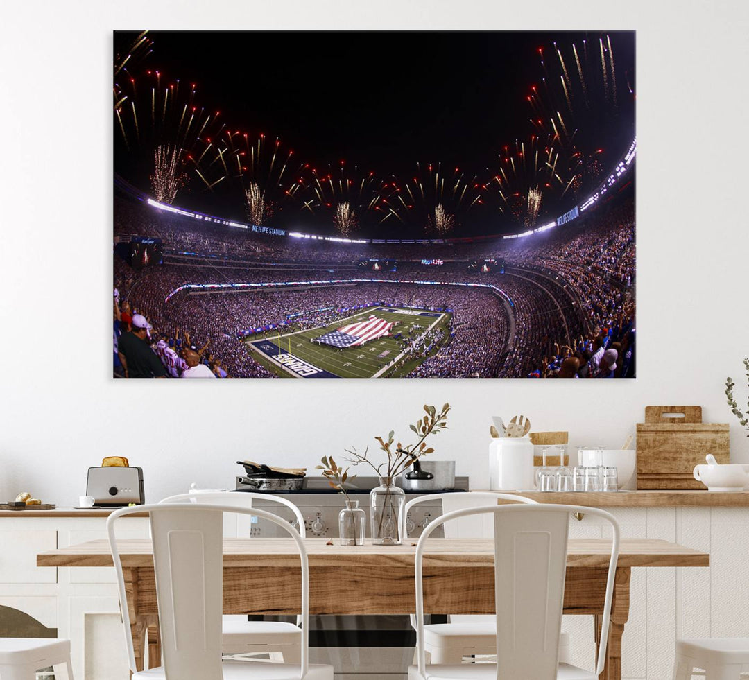 A vibrant wall art piece in MetLife Stadium features a stunning American flag design, capturing the spirited atmosphere of game day.