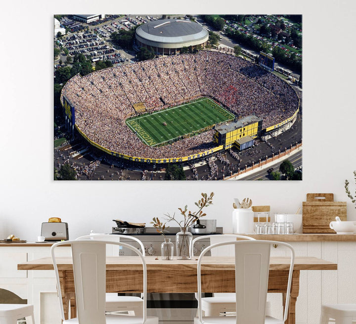 Aerial view of Michigan Wolverines college football culture on a stadium canvas wall art.