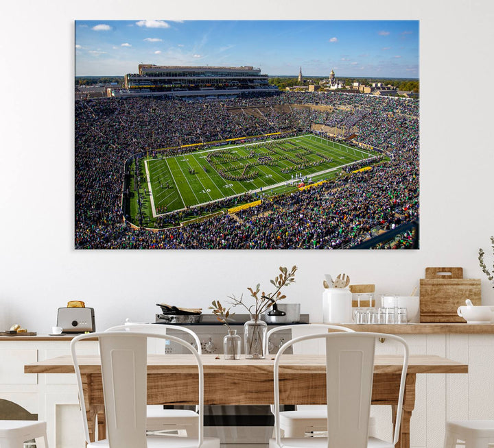 Aerial shot of packed stadium on green; Notre Dame Fighting Irish Stadium Wall Art Canvas Print.