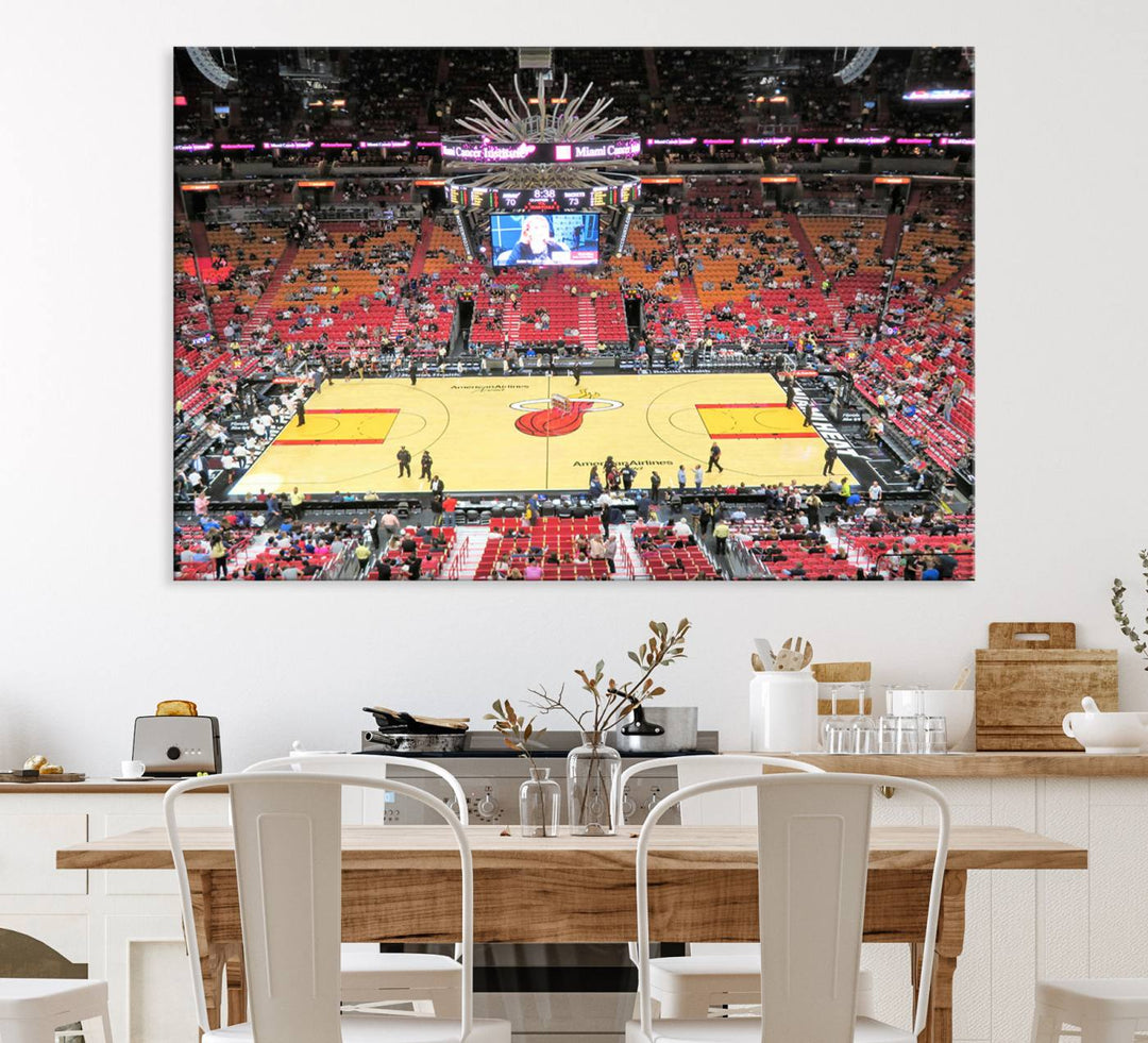 A Miami Heat Basketball Print showcases Kaseya Center Stadium Wall Art with a grand scoreboard.