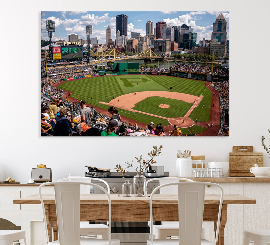 PNC Park Stadium canvas print features a lush field and city skyline, ready to hang.