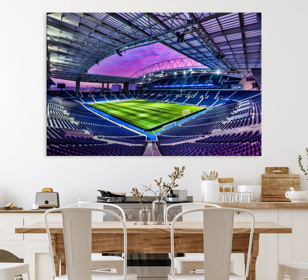 The FC Porto Soccer Team Dragon Stadium Wall Art Canvas Print decorates the room.