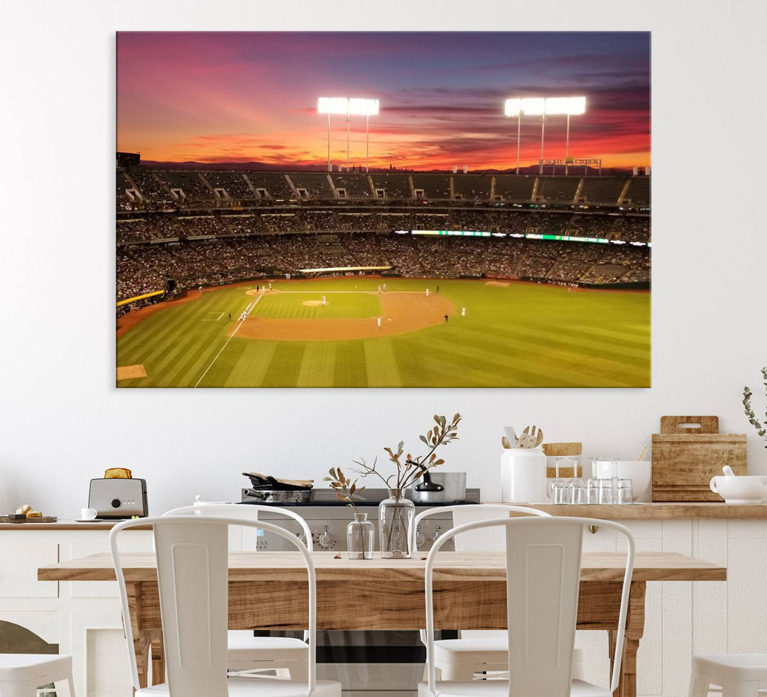 The Oakland Coliseum print is a museum-quality canvas depicting a full crowd and a sunset.