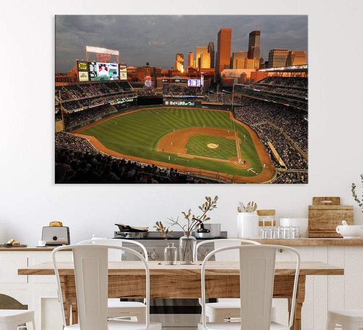 Baseball at Target Field, sunset game, city skyline view.