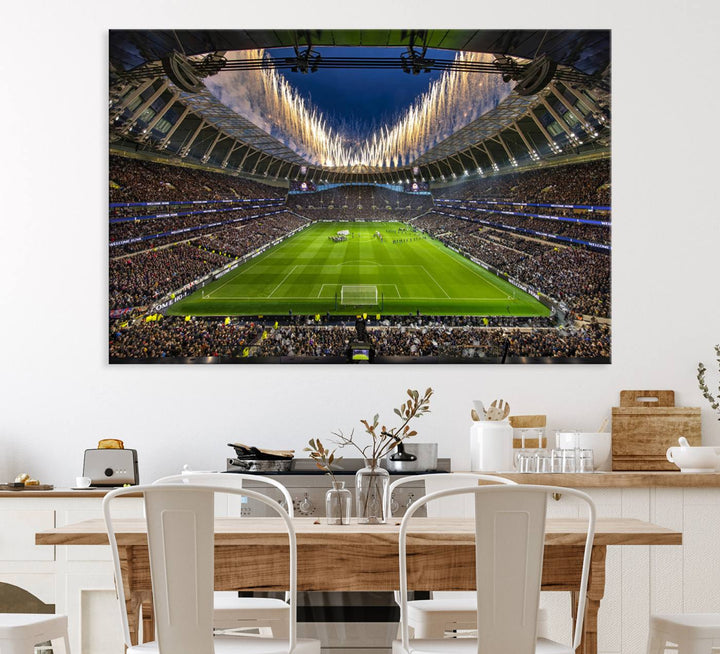 A stunning Tottenham Hotspur Stadium wall art captures the energy of a stadium packed with fans and vibrant lights.