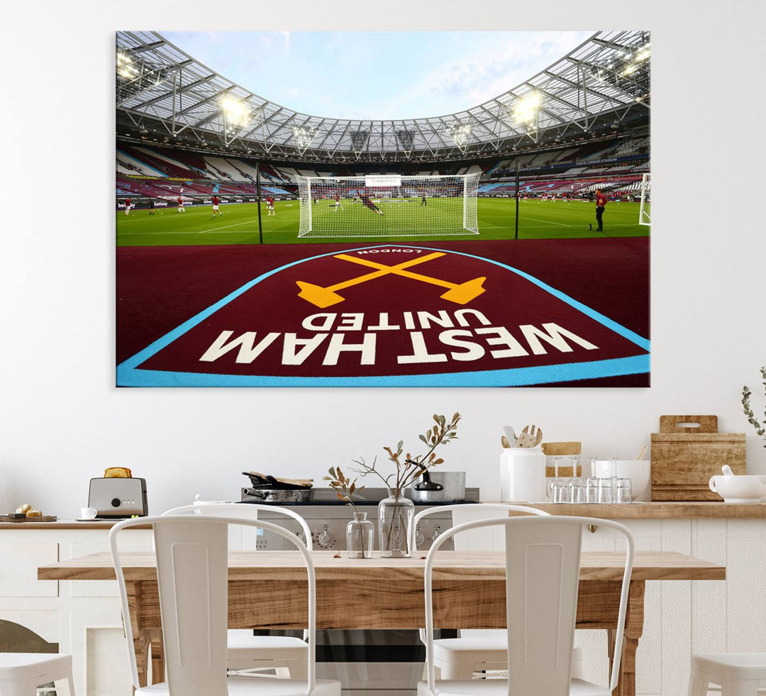 A soccer stadium with the West Ham United FC logo.