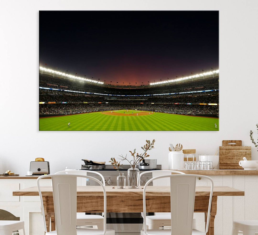 A night game at Yankee Stadium depicted on canvas beneath a sunset sky.