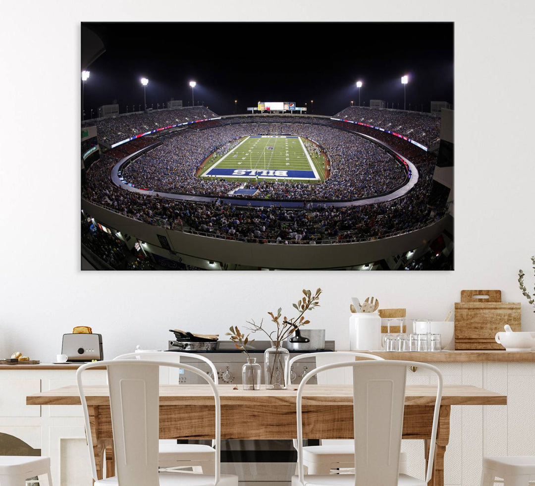 The Buffalo Bills NFL Highmark Stadium at night print captures the bright lights, conveying an exhilarating atmosphere.