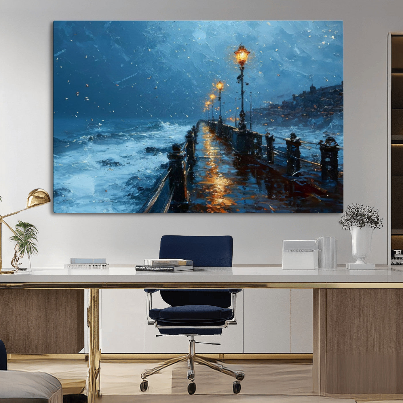 MGV-CV-36X24 - Stormy Night at Beach Pier Oil Painting Large Wall Art Print, Framed Canvas Nature Wall Decor,