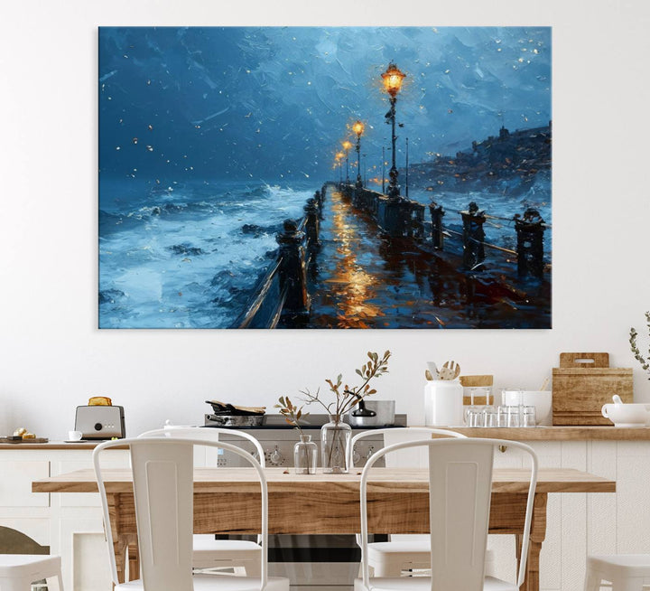 A framed oil painting depicts a stormy night at a beach pier, with glowing lamps and waves beneath a snow-filled sky.