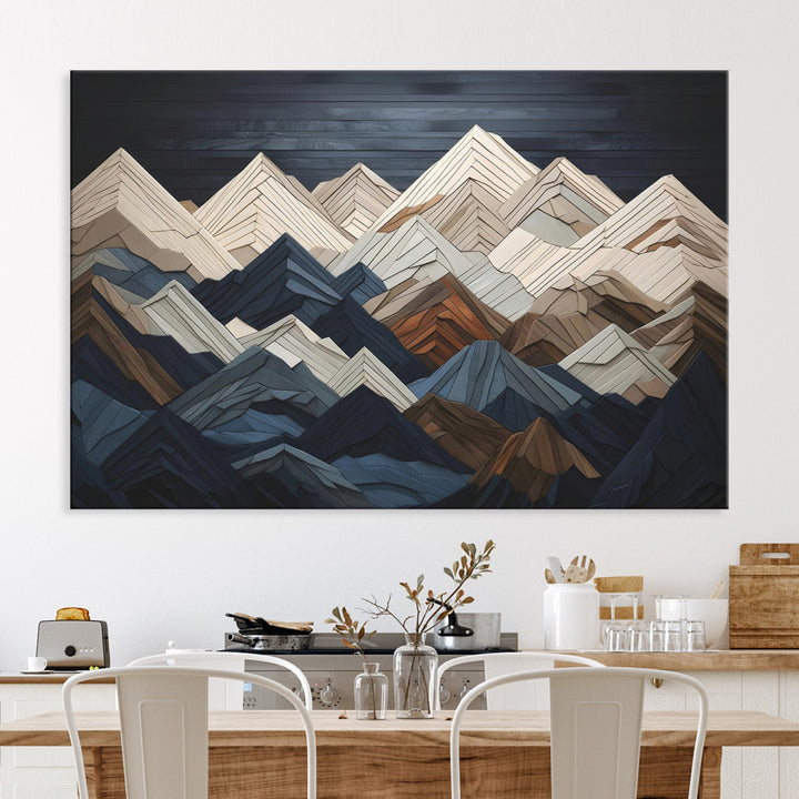 Rustic Mountain Landscape Wall Art Print - Wooden 3D Effect Mountain Canvas Print - Textured Peaks Wall Art for Cabin or Lodge Decor