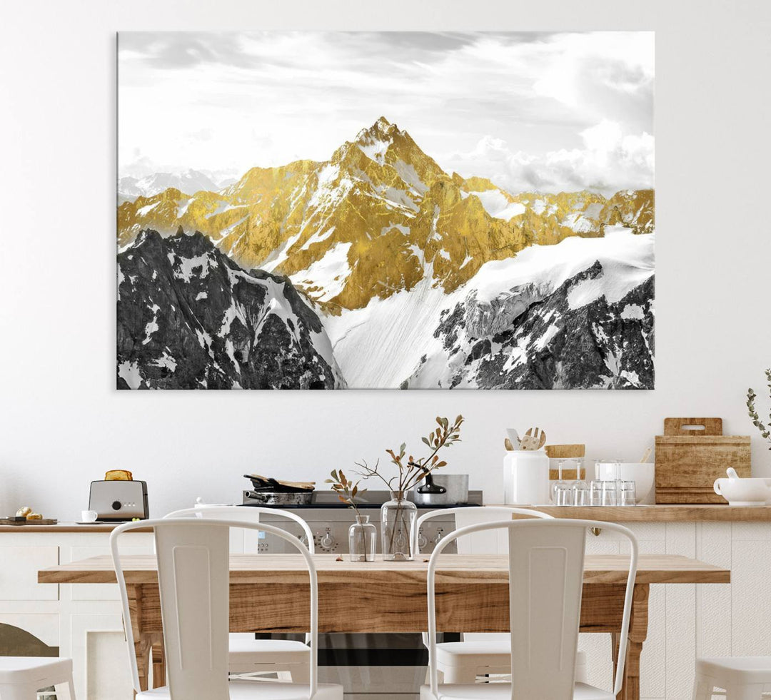 Gold Abstract Mountains Wall Art Print on Canvas.