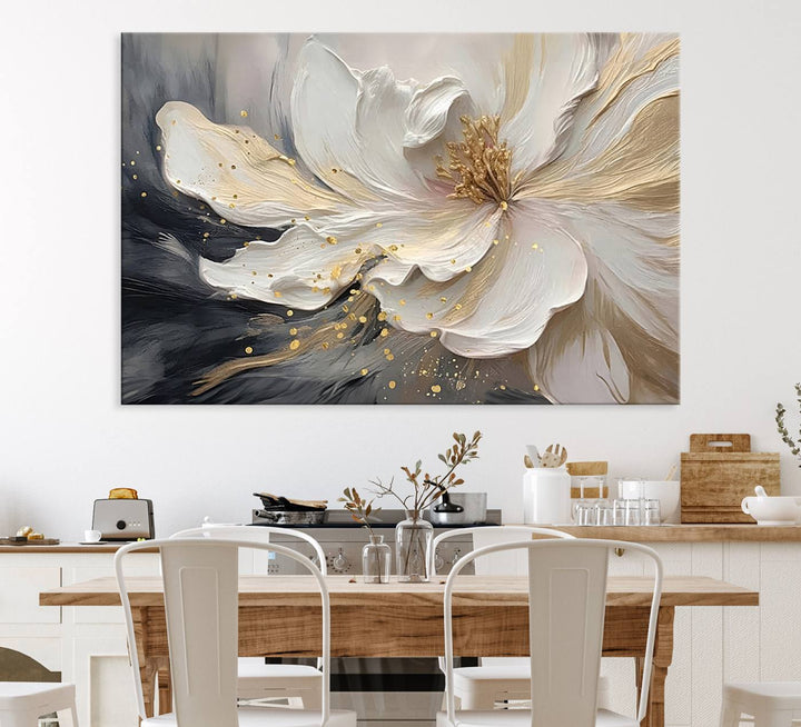 The abstract floral wall art canvas print features a large flower with gold accents.