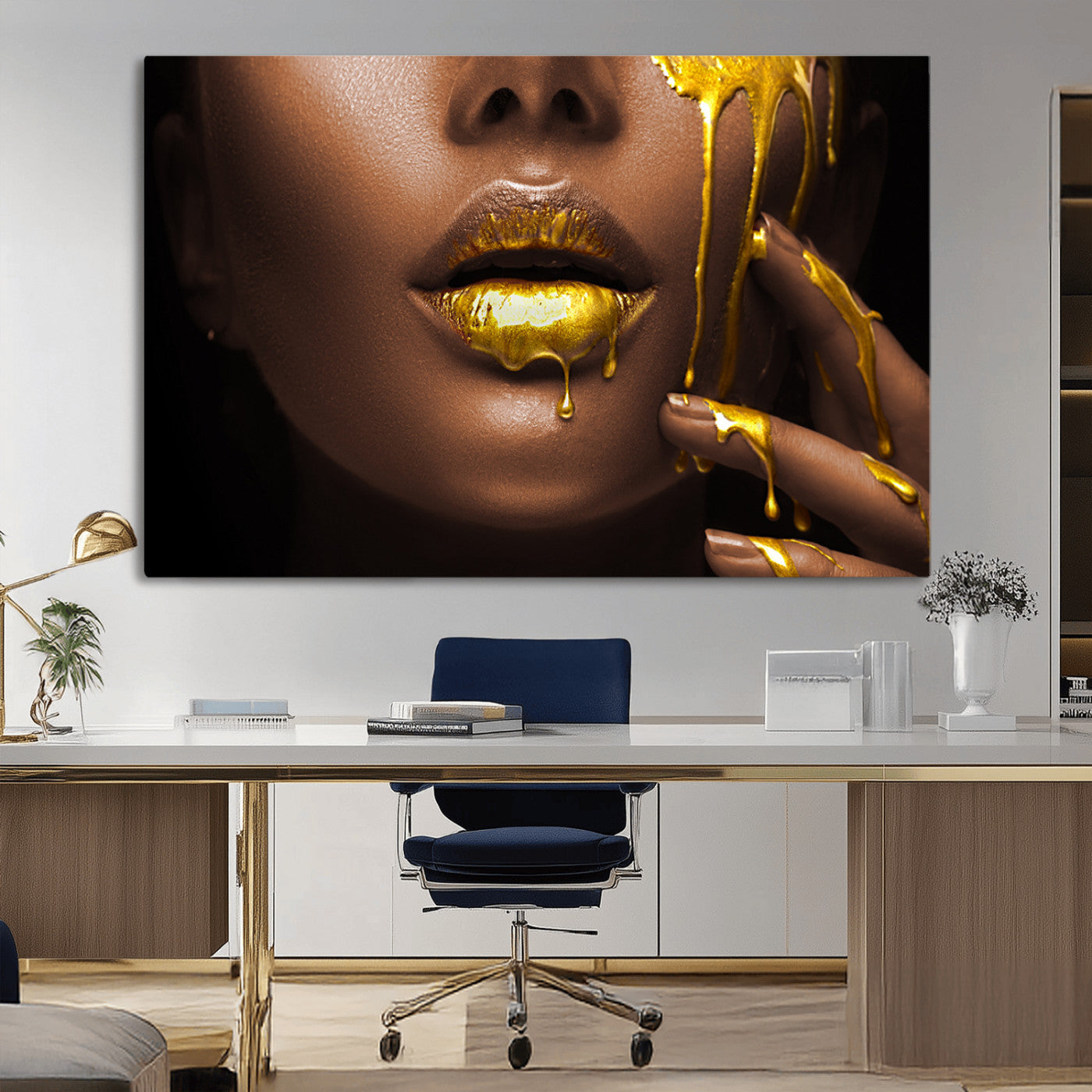 MGV-CV-36X24 - African American Art Black Woman Canvas Print, African Wall Art, Fashion African Woman Gold Lips