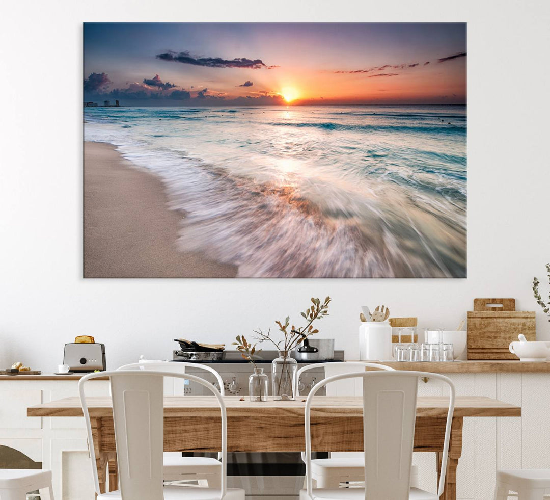 The Sunset Beach Wall Art adds tranquility to the living room.