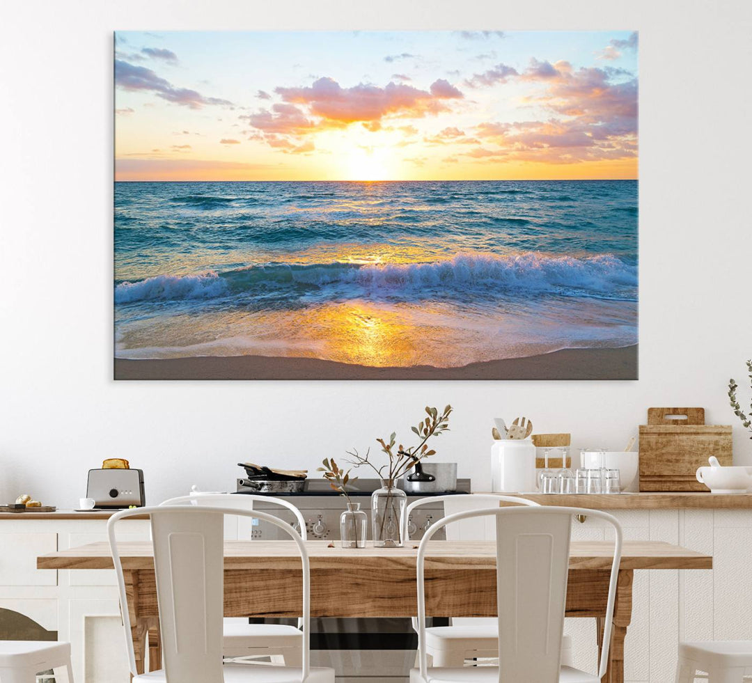 The Golden Sunset Over Ocean Waves painting depicts a vibrant sky.