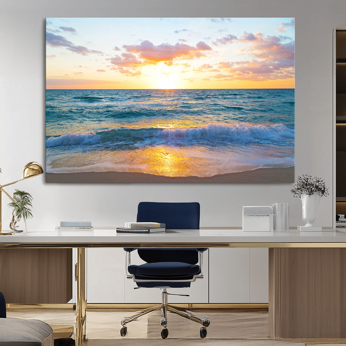MGV-CV-36X24 - Golden Sunset Over Ocean Waves - Serene Coastal Triptych Wall Art for Relaxing Home Decor, Ready to