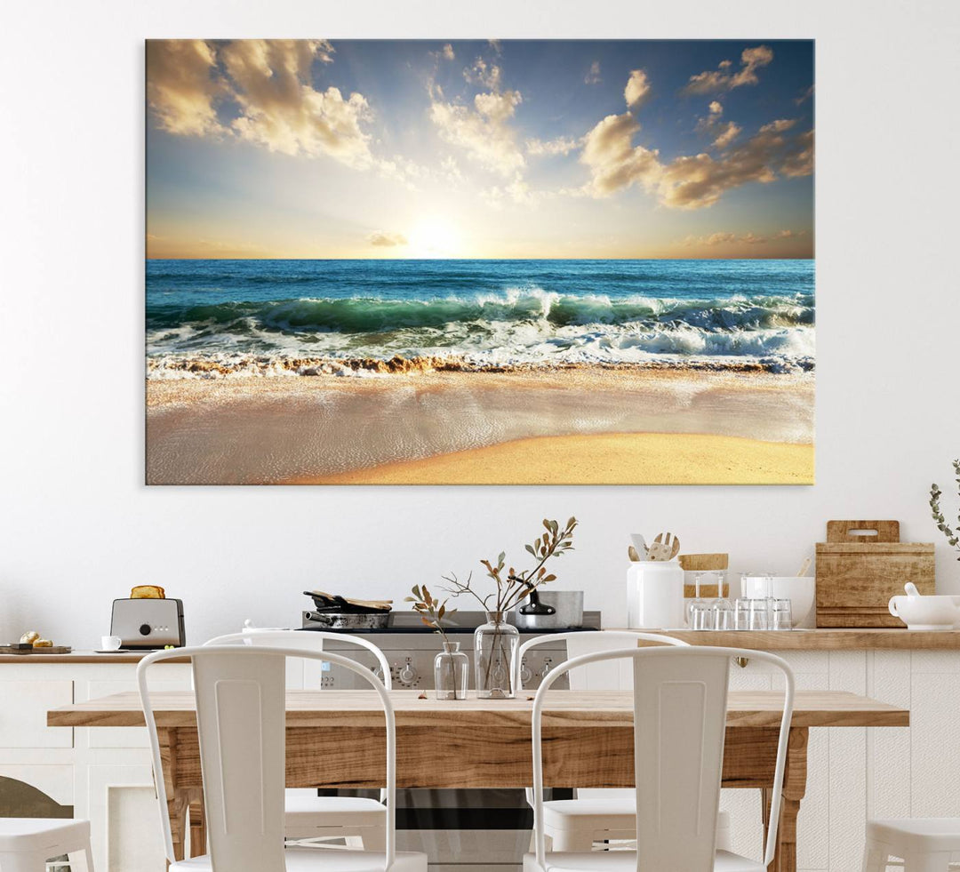 A Golden Sunset Beach triptych adorns the wall.