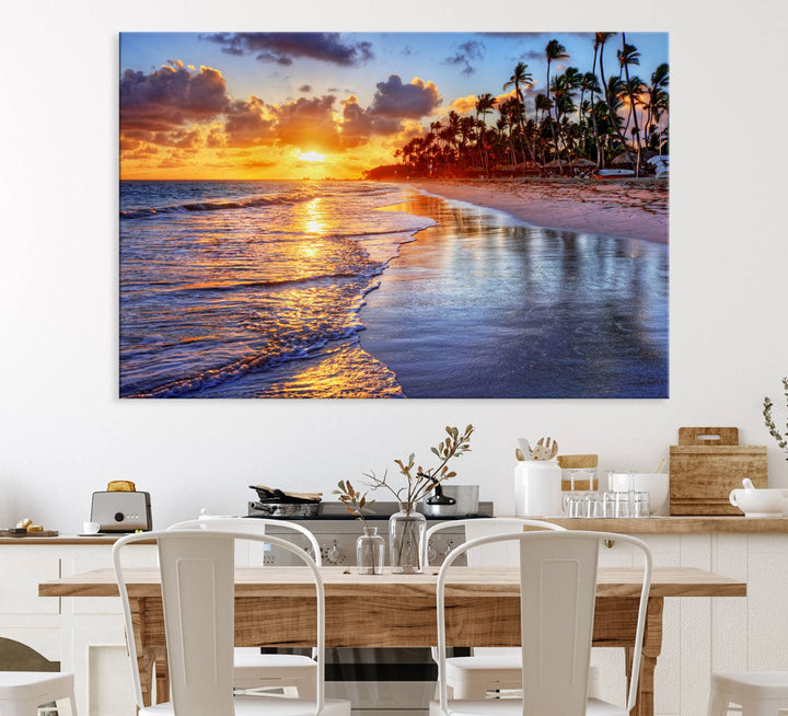 Serene Beach Sunset Wall Art Canvas featuring ocean waves hangs prominently.