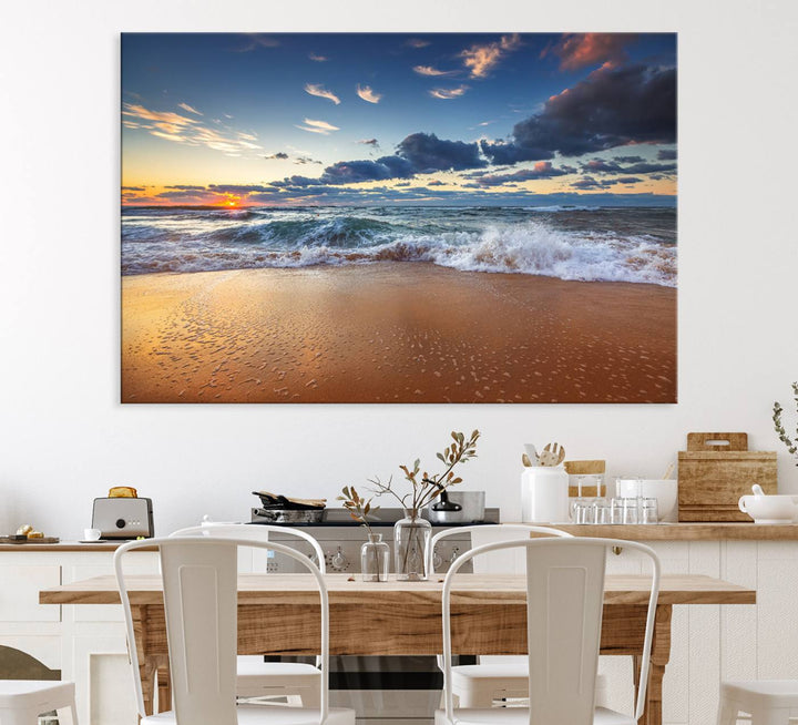 A Beach Canvas Wall Art depicting ocean waves and a tranquil sunset hangs above, capturing the serene beauty of coastal scenery.