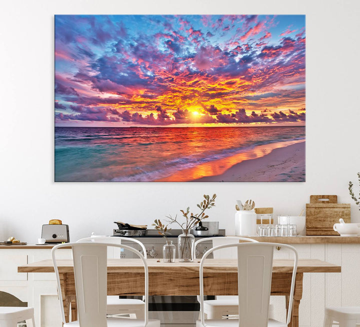 The Vibrant Sunset Beach Wall Art hangs prominently on the wall.