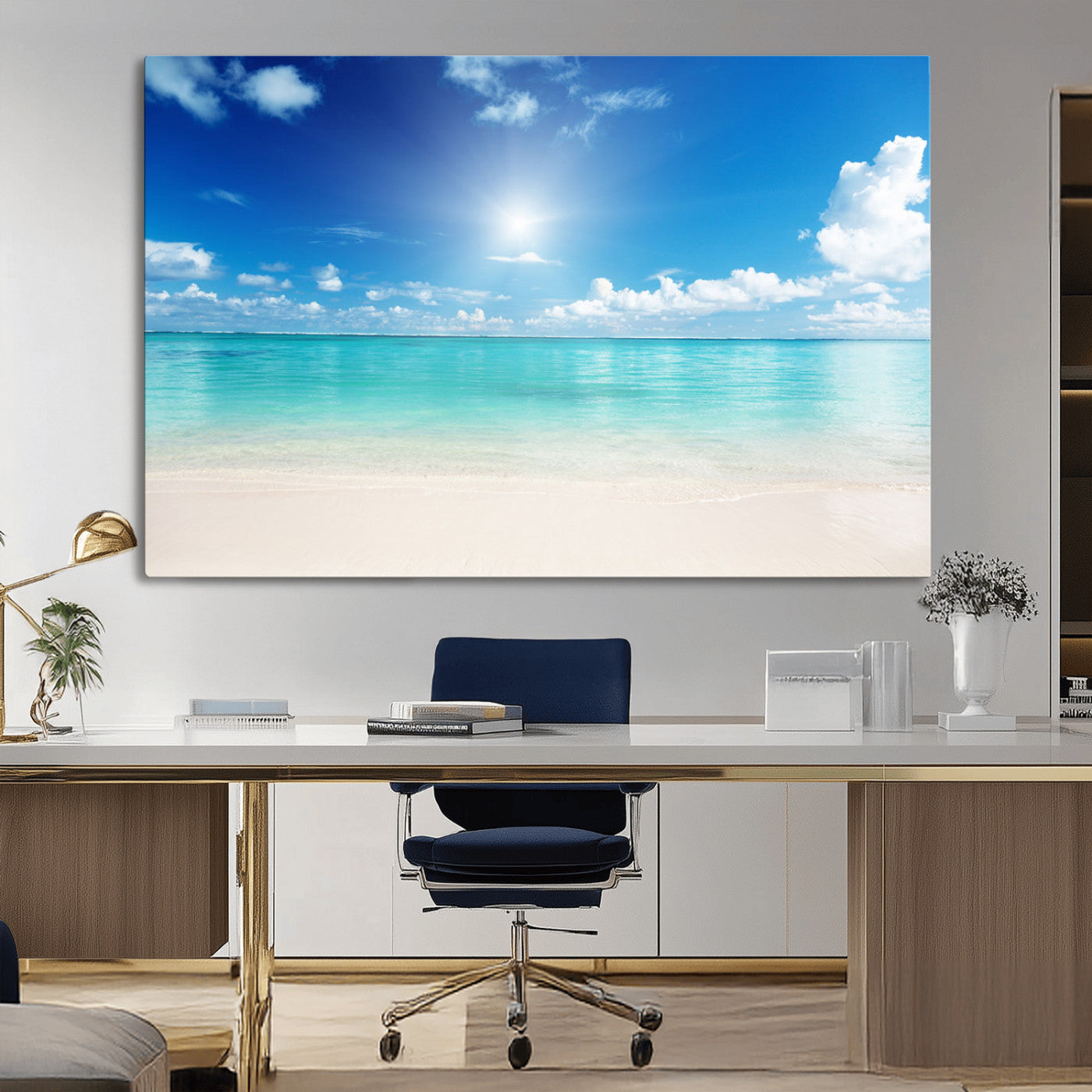 MGV-CV-36X24 - Blue Ocean Wall Art Canvas Print - Tranquil Ocean Paradise Triptych Wall Art - Ready to Hang Beach
