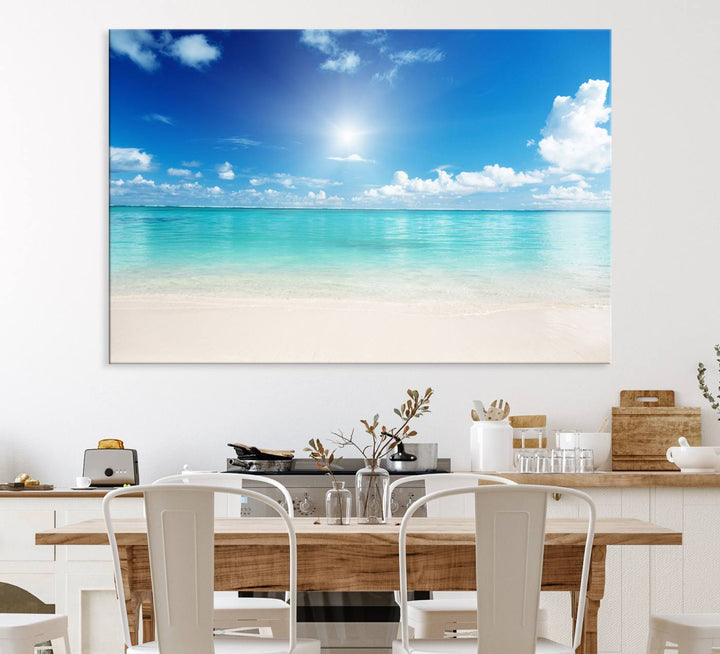 The Blue Ocean Wall Art Canvas Print hangs, creating a tranquil paradise.